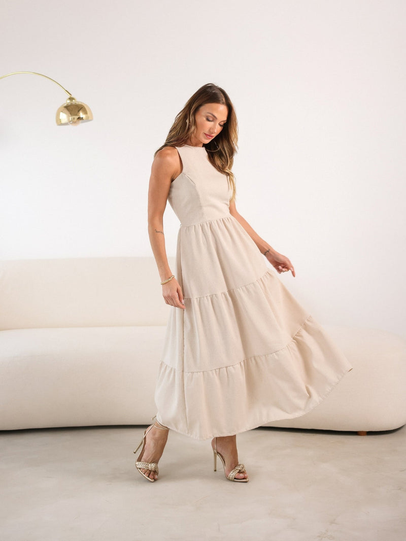Vestido Longo Liso de Linho Sem Manga Zíper nas Costas Flora