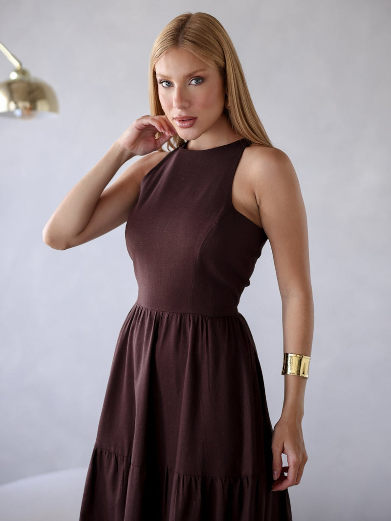 Vestido Longo Liso de Linho Sem Manga Zíper nas Costas Flora